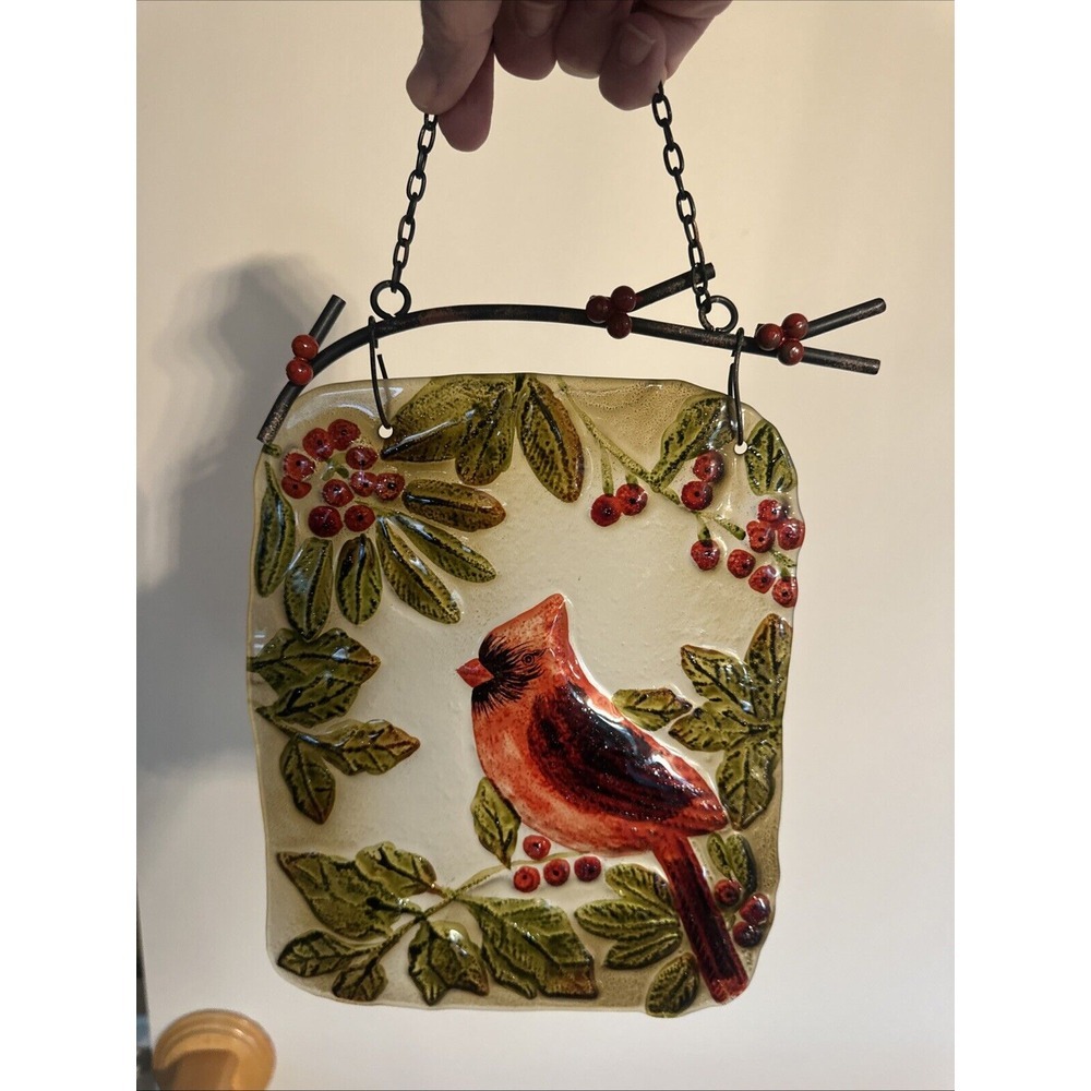 Cardinal Red Bird Stained Glass Window Sun Catcher‎ Flowers Plaque Wall Hanging